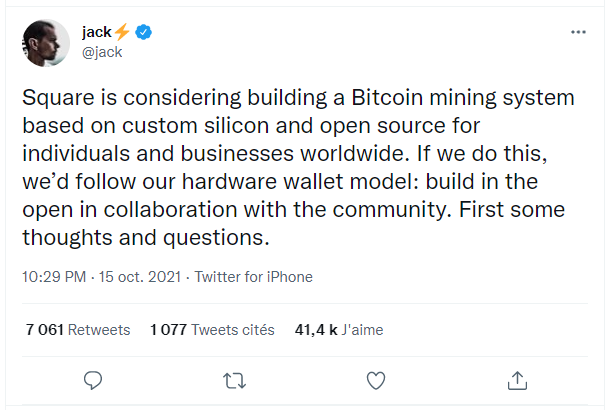 Tweet Jack Dorsey concernant le minage des Bitcoins